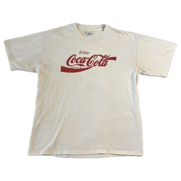 Cal Cru Men's XL Coca-Cola Single Stitch Cream T-Shirt Short Sleeve Crew Neck - Picture 1 of 16